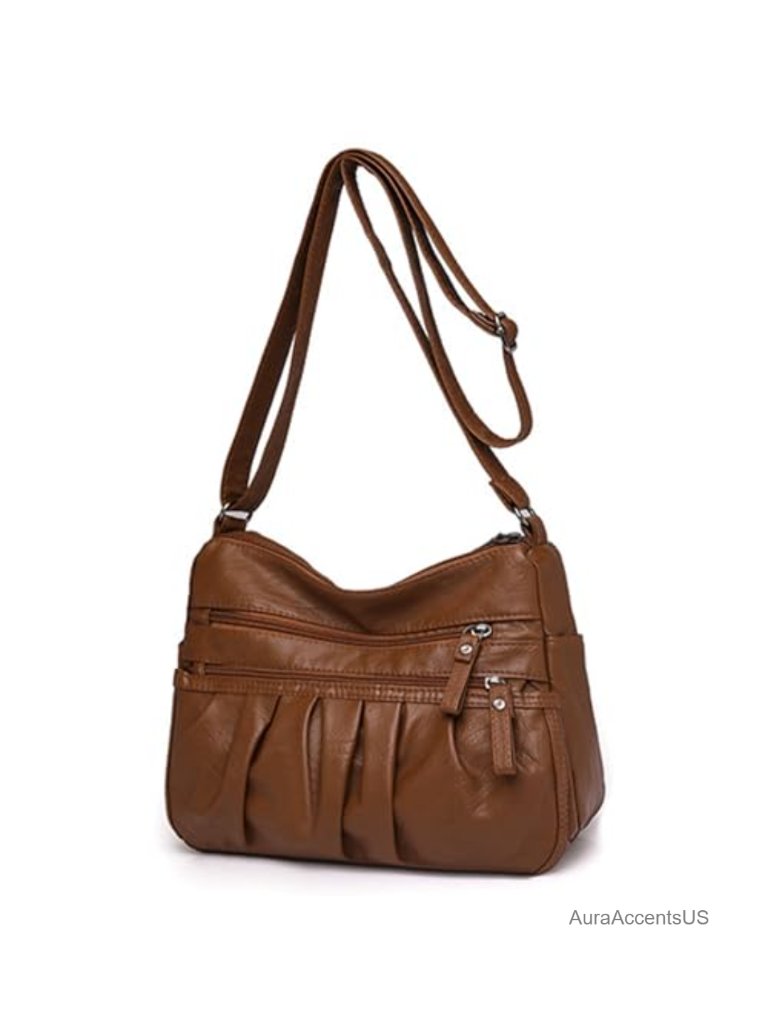Soft Faux Leather Ruched Hobo Tote - Multi-Pocket Shoulder Bag